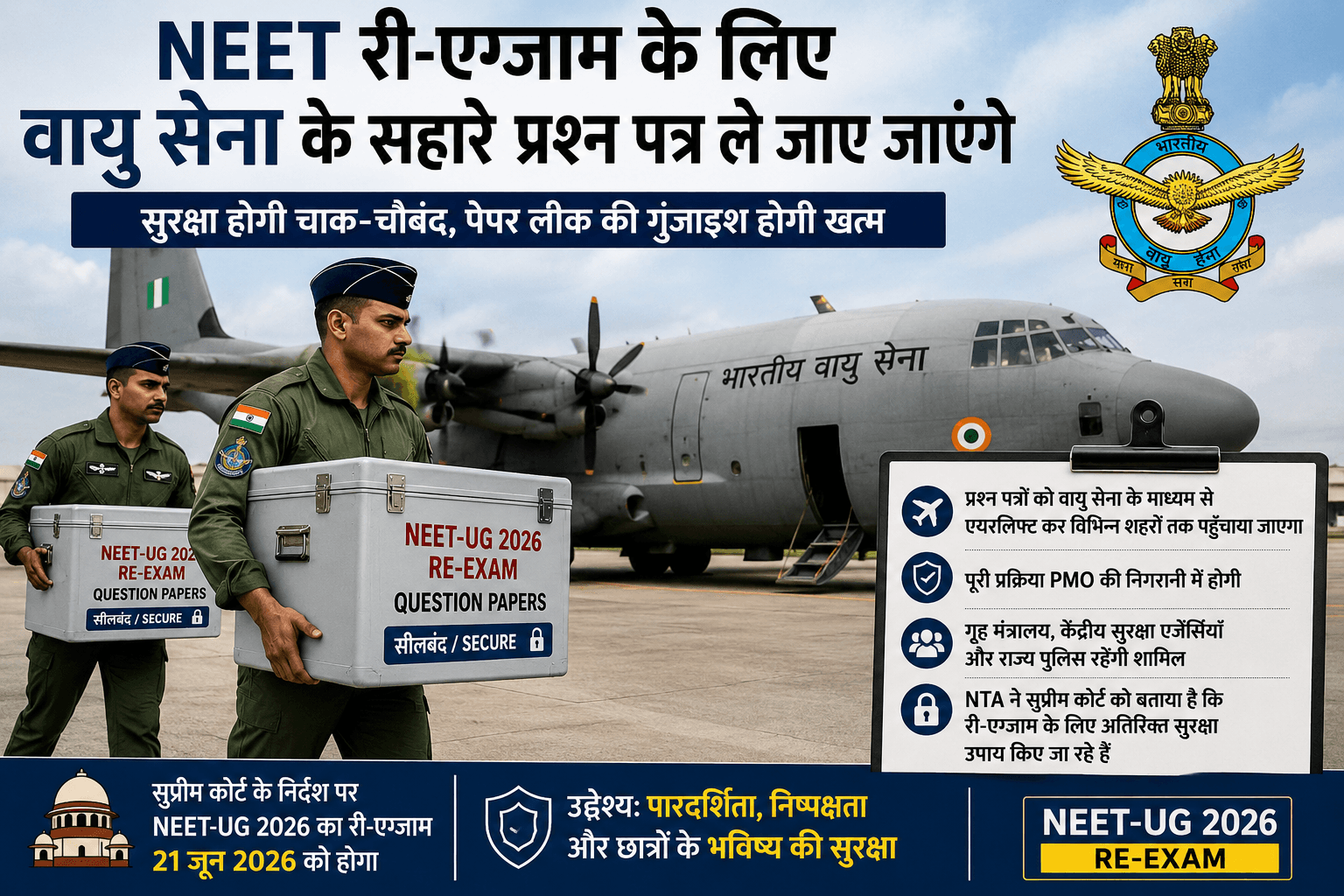 NEET के री-एग्जाम के लिए वायु सेना के सहारे क्वेश्चन पेपर्स ले जाए जाएंगे
