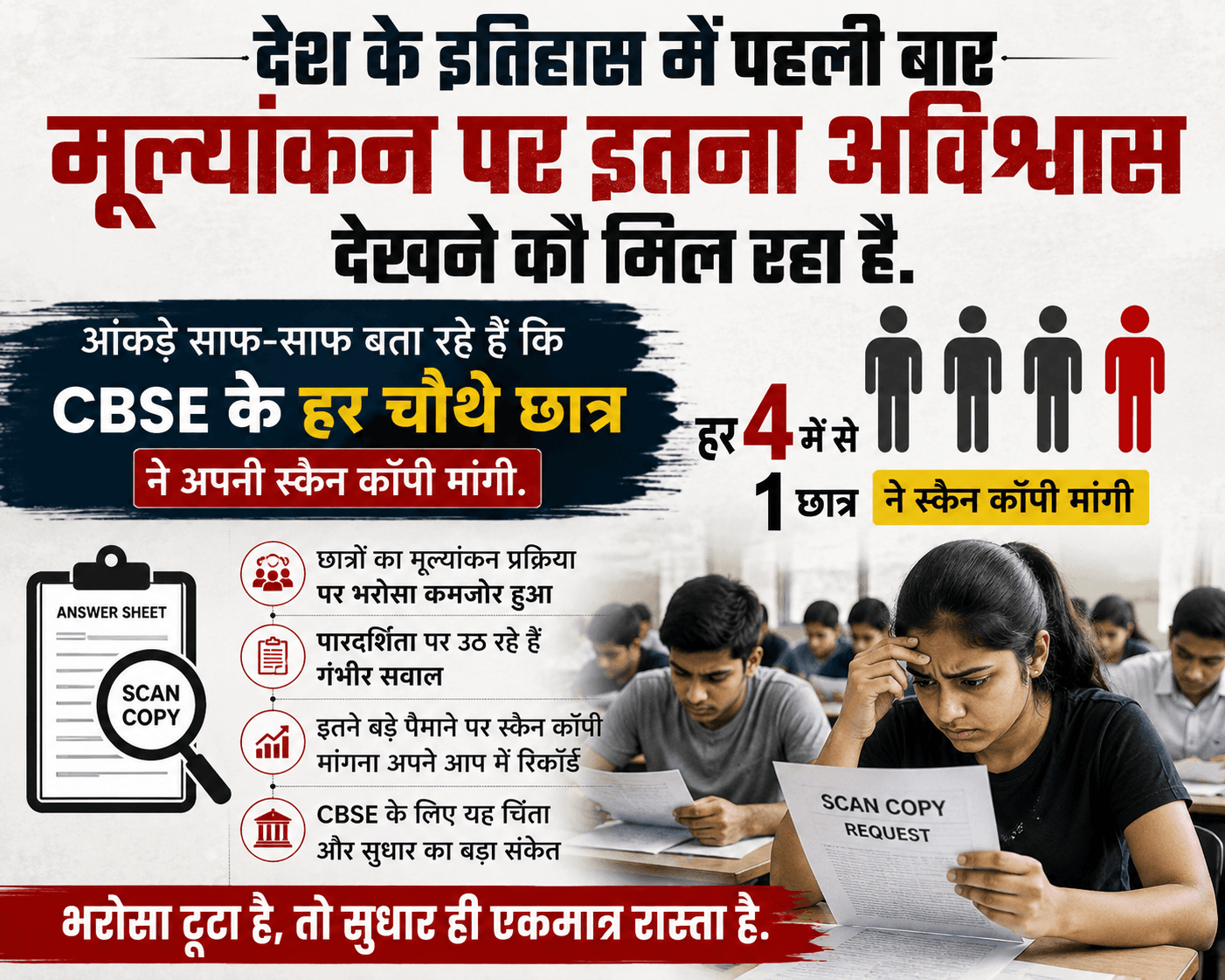 CBSE बोर्ड की कॉपी चेकिंग से उठा विश्वास, हर चौथे छात्र ने मांगी अपनी आंसर शीट